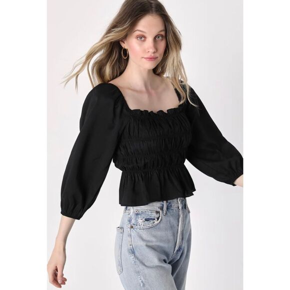 Lulus Flirty Reveal Black Smocked Puff Sleeve Lace-Up Crop Top - Picture 4 of 4